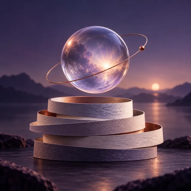 Artwork: a glass orb above rings of archival paper